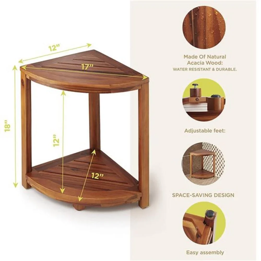 Wood Corner Shower Bench & Corner Shower Stool with Storage Shelf (Acacia)